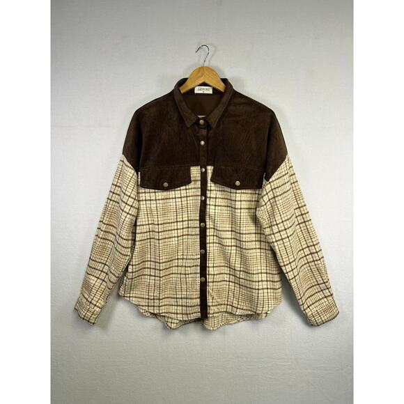 Woman's Two Toned Plaid Corduroy Flannel Shirt Jacket - Size Medium Western - Picture 1 of 10